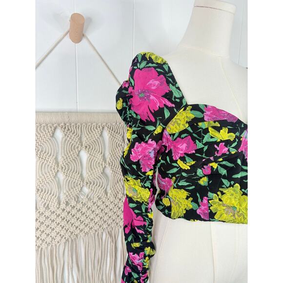 Zara Black Floral Long Sleeve Crop Top Womens Medium Sweetheart Babydoll - Picture 7 of 12